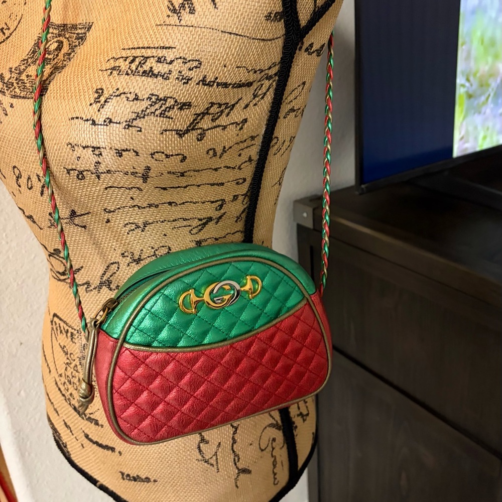 GUCCI Trapuntata bag Limited leather mini red/green metallic vintage - Picture 11 of 16